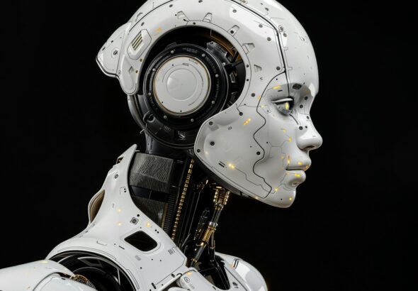 A white robot is standing in front of a black background